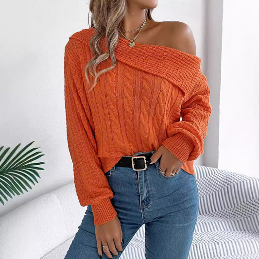 Lapel Off-the-shoulder Long Sleeve Pullover