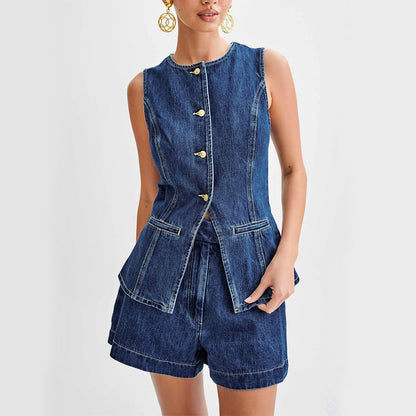 Denim Sleeveless Vest And High Waist Shorts