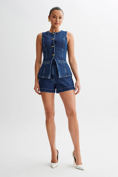 Denim Sleeveless Vest And High Waist Shorts