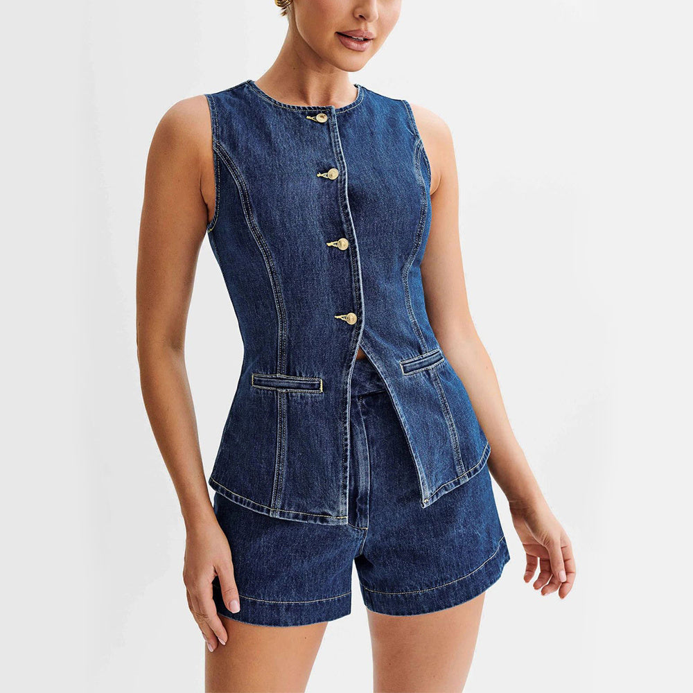 Denim Sleeveless Vest And High Waist Shorts