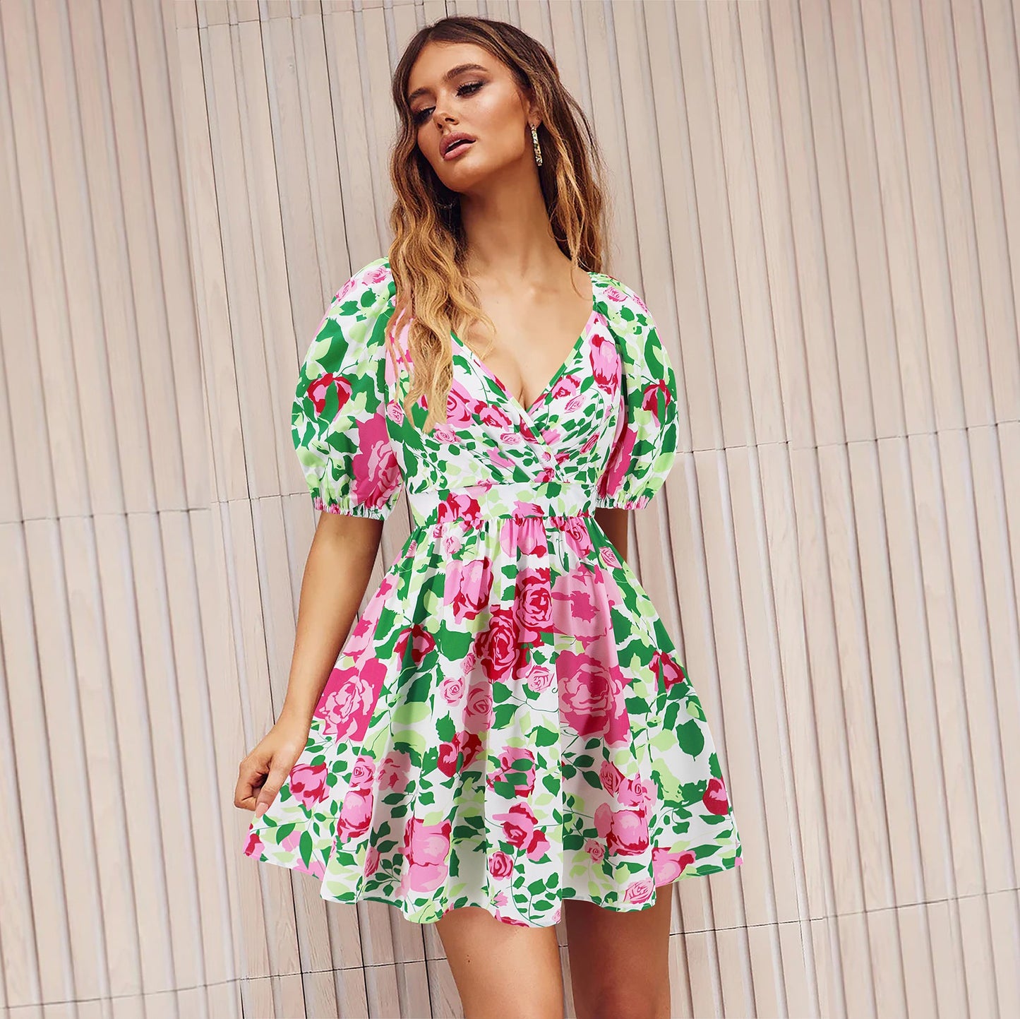 Flowers Print Lantern-sleeve Dress