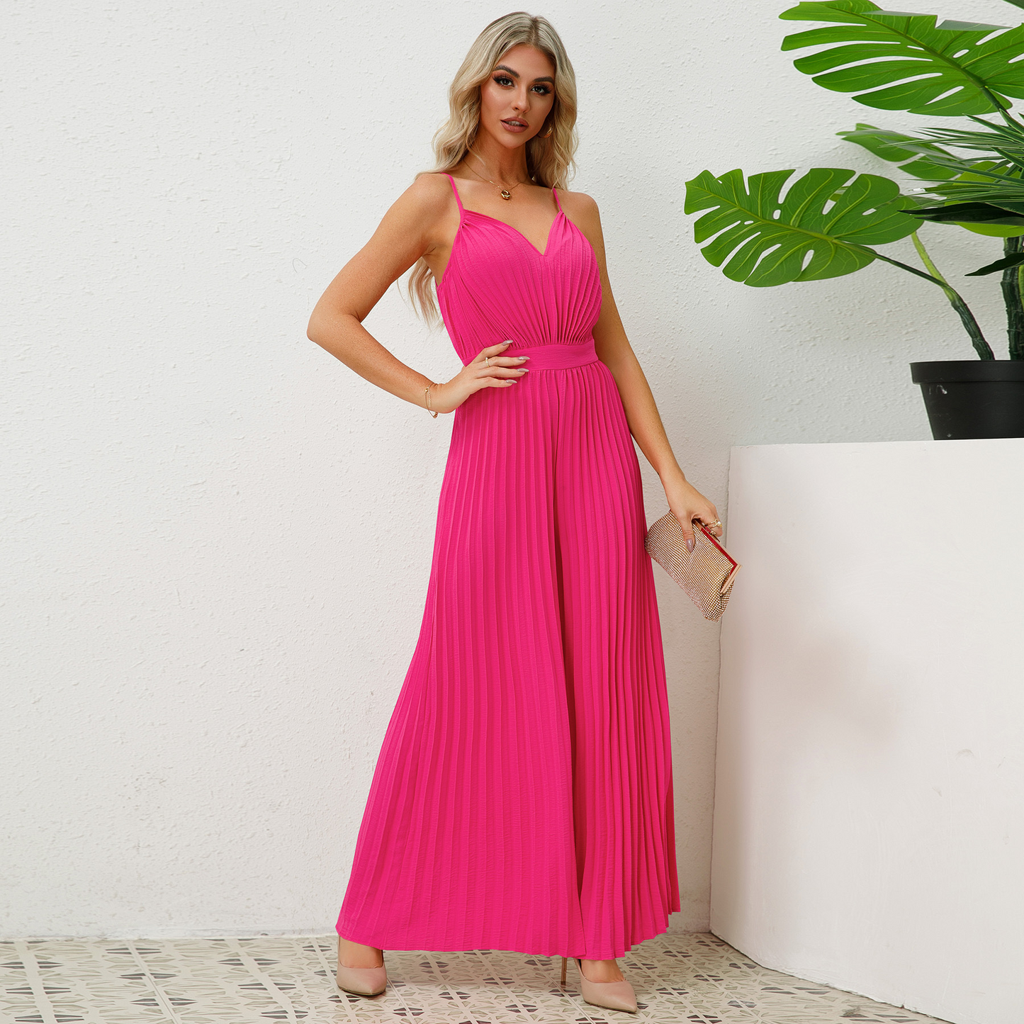 Suspender Pleated Jumpsuit Loose Straight Pants