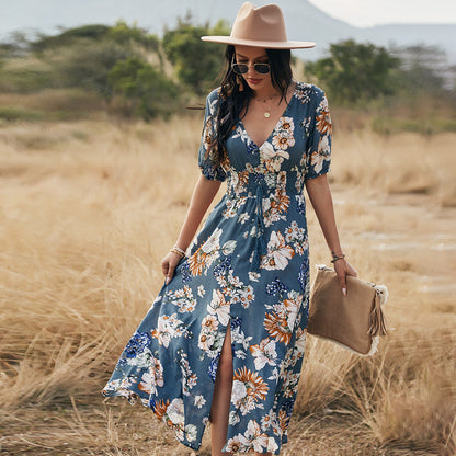 Floral Summer Beach Dress Elastic Waist