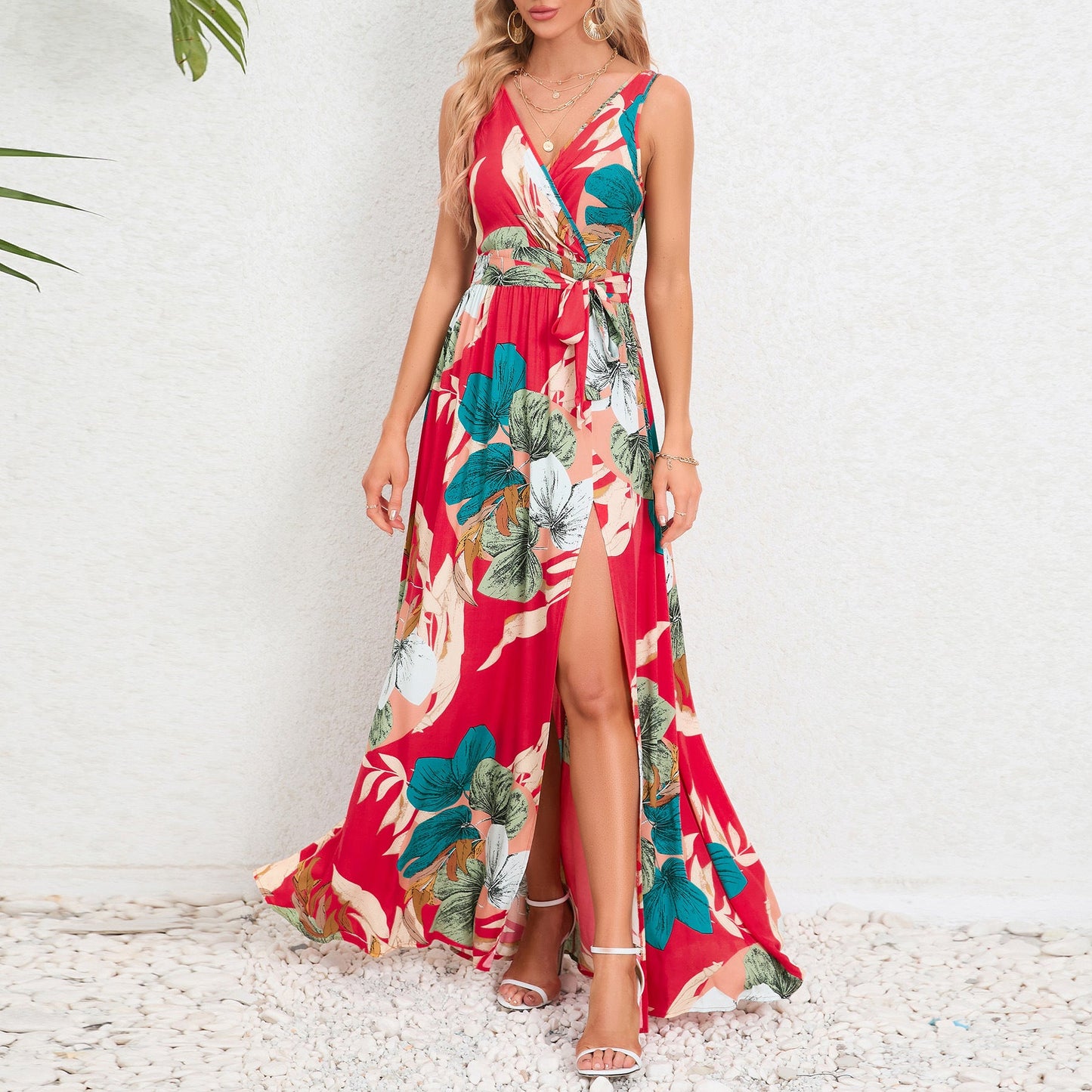 Floral Print Long Dress Waist Tie Slit Design