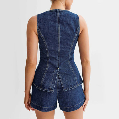 Denim Sleeveless Vest And High Waist Shorts