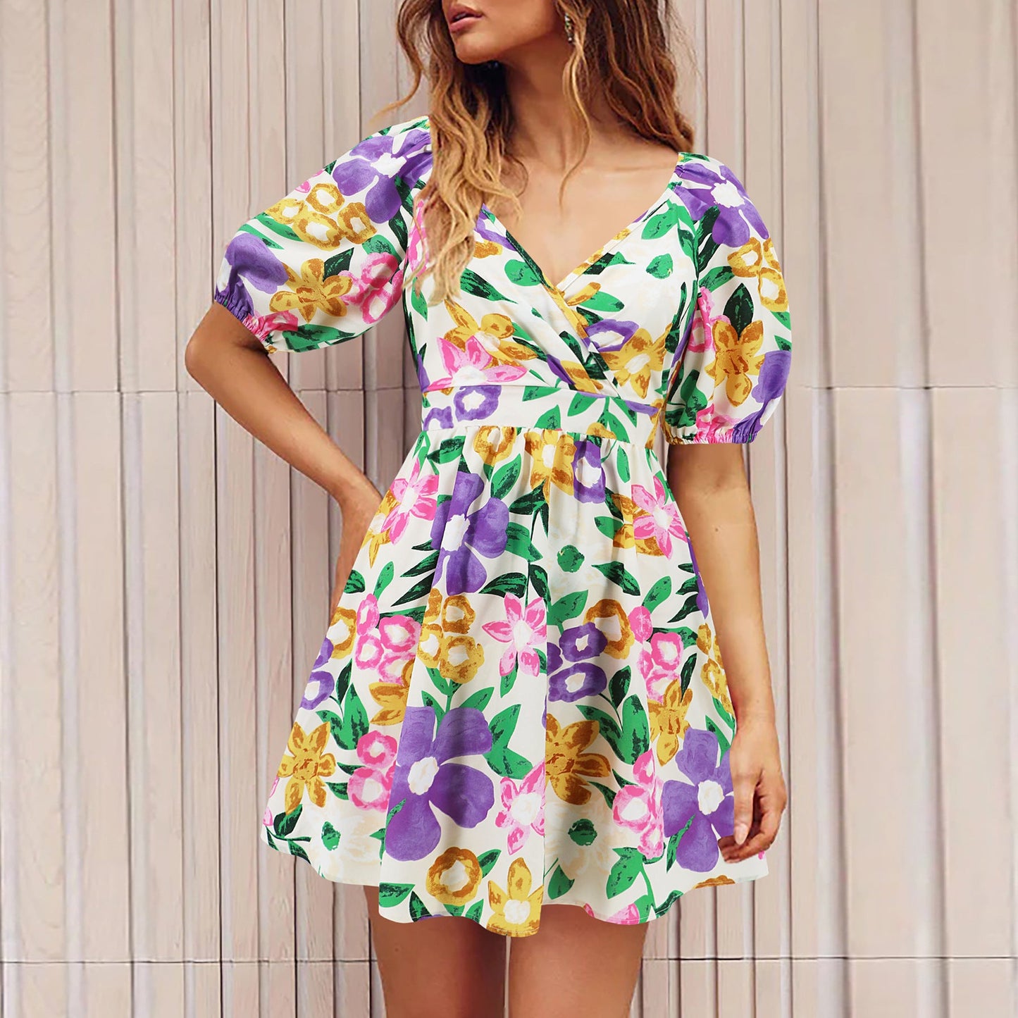 Flowers Print Lantern-sleeve Dress