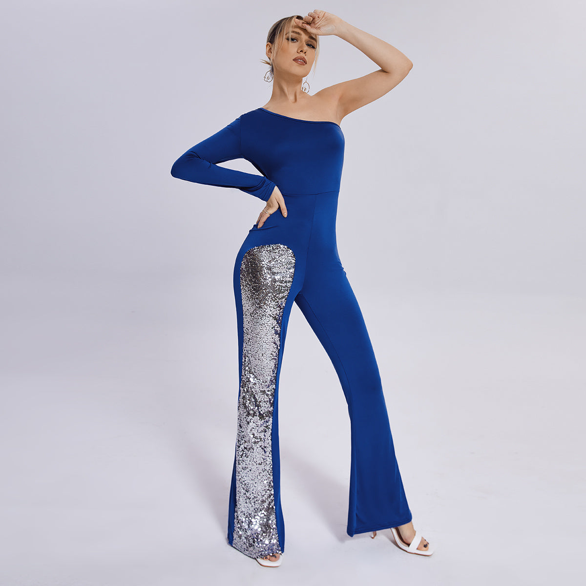 Jumpsuit Mesh One Sleeve Flared