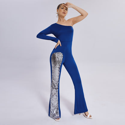 Jumpsuit Mesh One Sleeve Flared