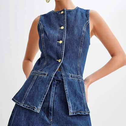 Denim Sleeveless Vest And High Waist Shorts