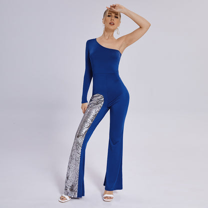 Jumpsuit Mesh One Sleeve Flared