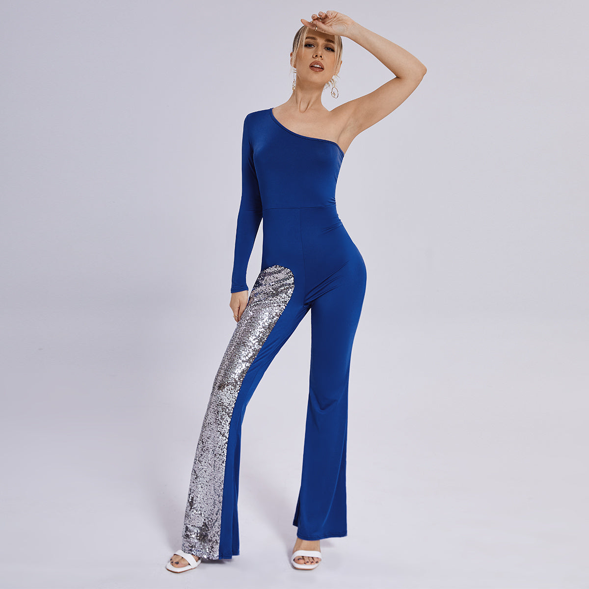 Jumpsuit Mesh One Sleeve Flared