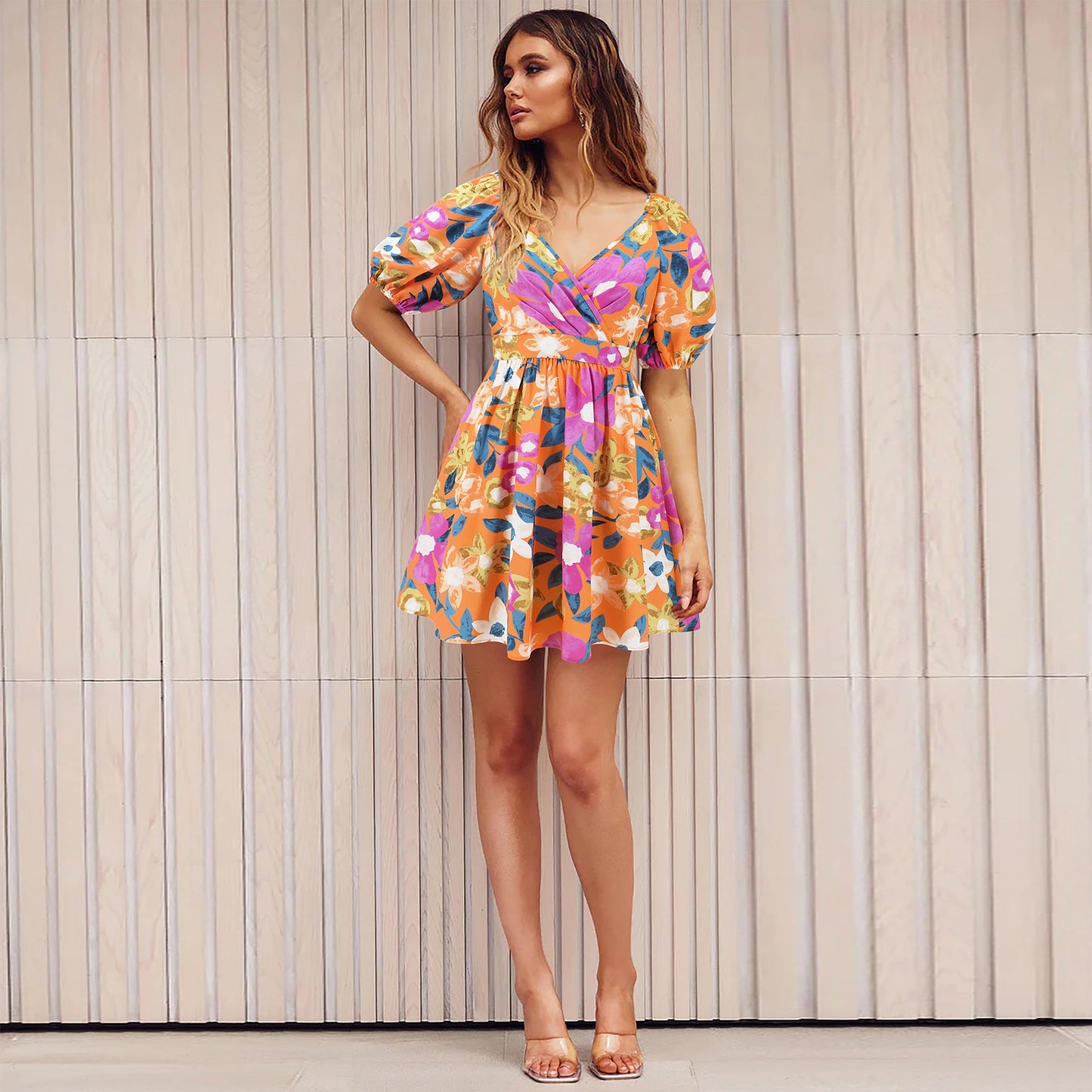 Flowers Print Lantern-sleeve Dress