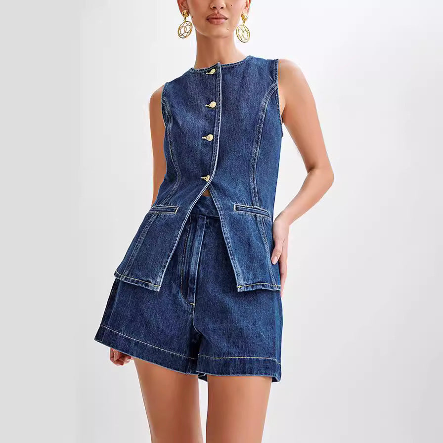 Denim Sleeveless Vest And High Waist Shorts