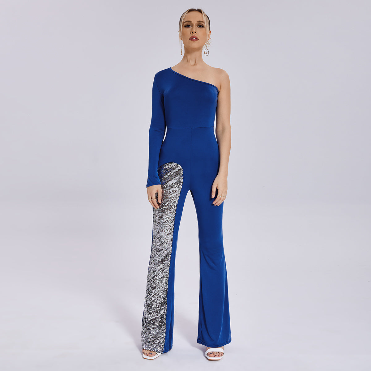 Jumpsuit Mesh One Sleeve Flared