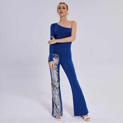 Jumpsuit Mesh One Sleeve Flared