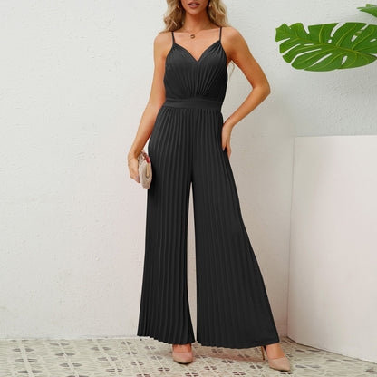 Suspender Pleated Jumpsuit Loose Straight Pants