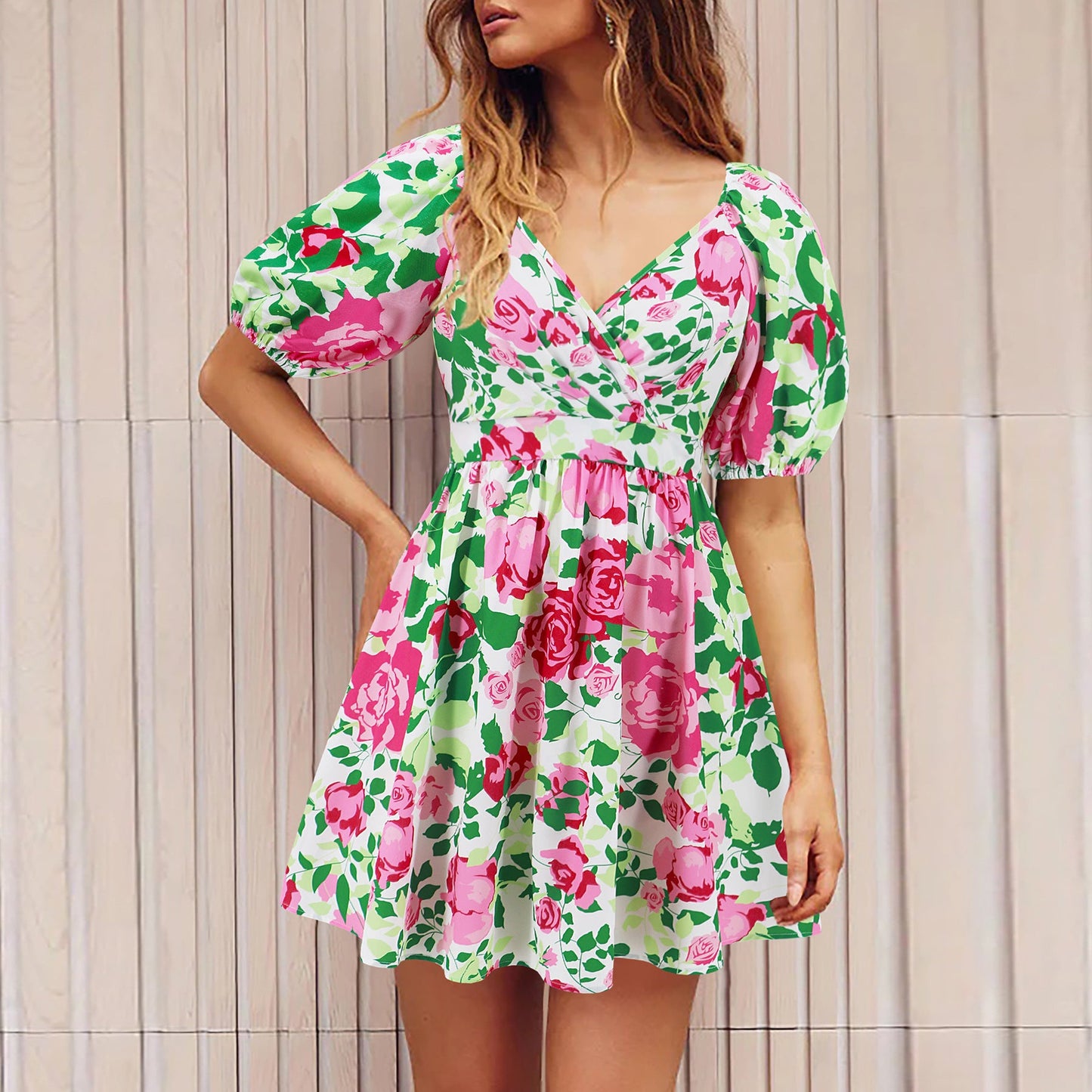 Flowers Print Lantern-sleeve Dress