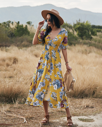 Floral Summer Beach Dress Elastic Waist