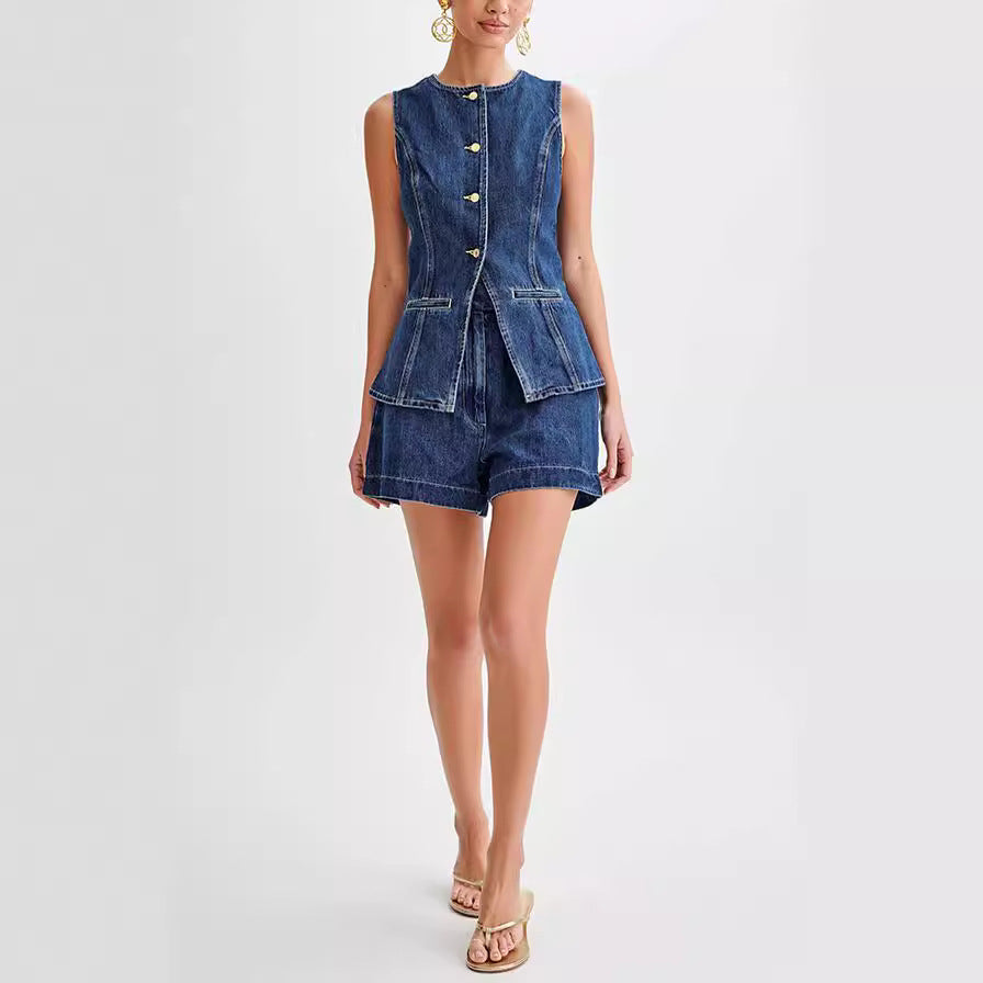 Denim Sleeveless Vest And High Waist Shorts